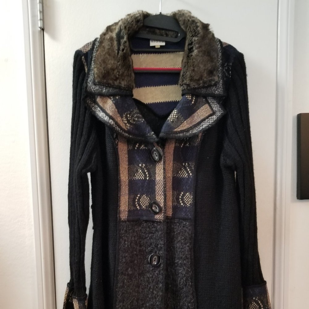 Sioni Studio Sweater, Duster length Cardigan with big buttons Faux Fur